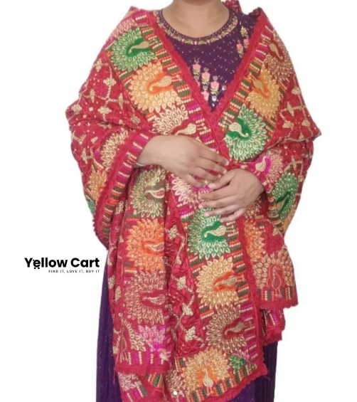 Buy Peacock Border Red Phulkari Dupatta From Yellow Cart!
